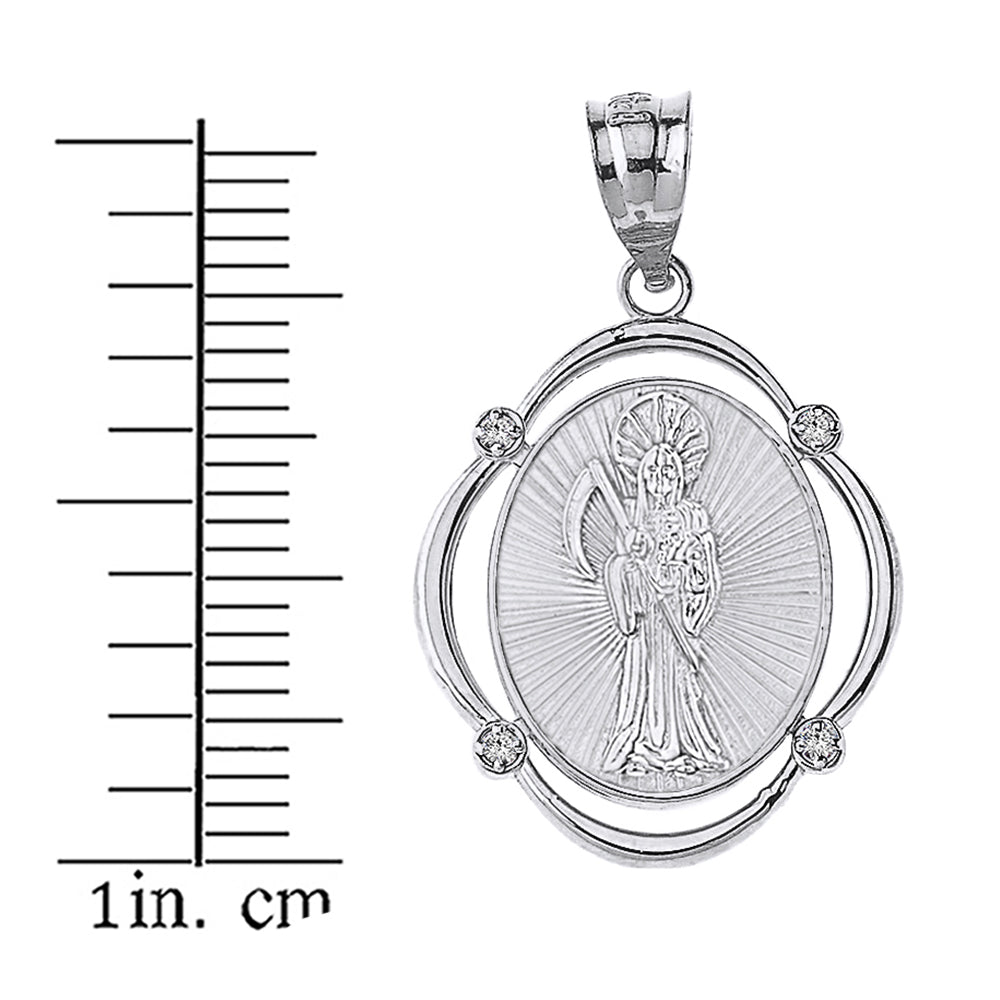 Sterling Silver Santa Muerte CZ Oval Frame Pendant Necklace, view 3