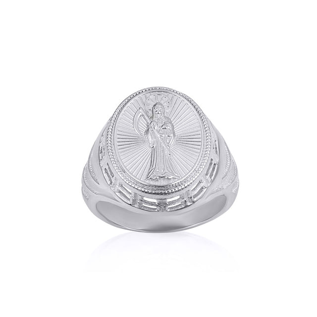 Sterling Silver Santa Muerte Grim Reaper Beaded Oval Signet Ring