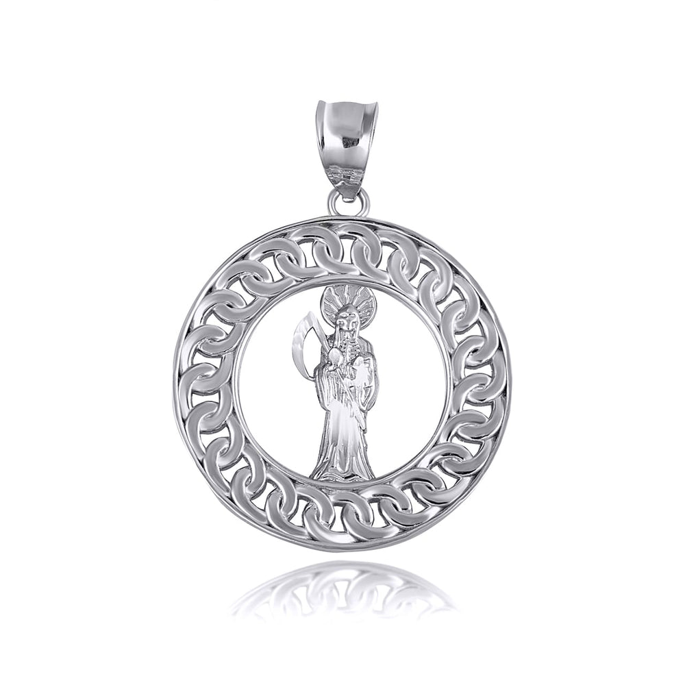 Sterling Silver Santa Muerte Grim Reaper Cuban Link Round Pendant Necklace