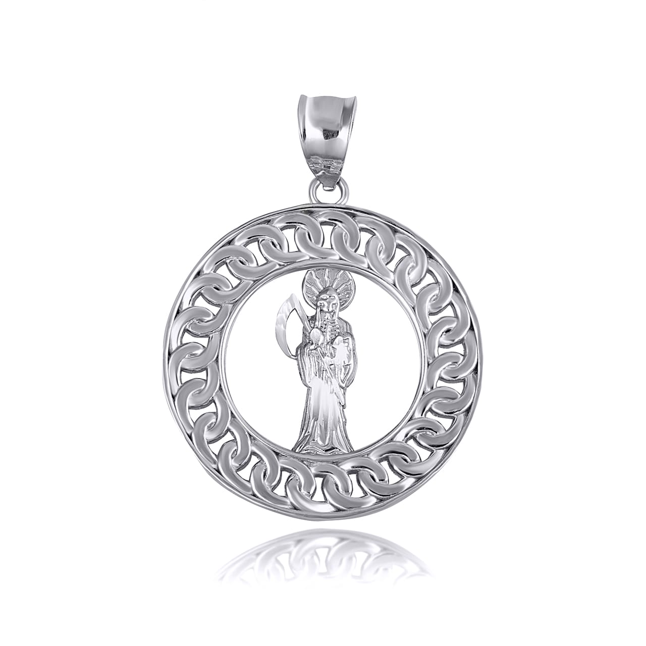 Sterling Silver Santa Muerte Grim Reaper Cuban Link Round Pendant Necklace