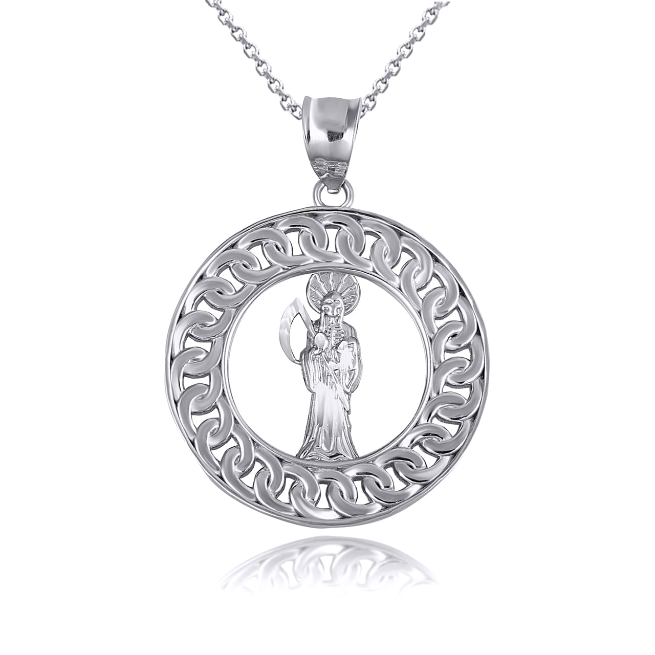 Sterling Silver Santa Muerte Grim Reaper Cuban Link Round Pendant Necklace, view 4