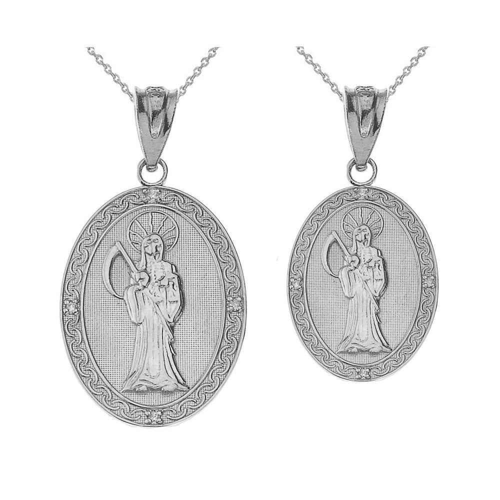 Sterling Silver Santa Muerte Oval Pendant Necklace