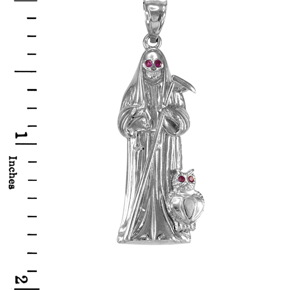 Sterling Silver Santa Muerte Red CZ Pendant, view 2