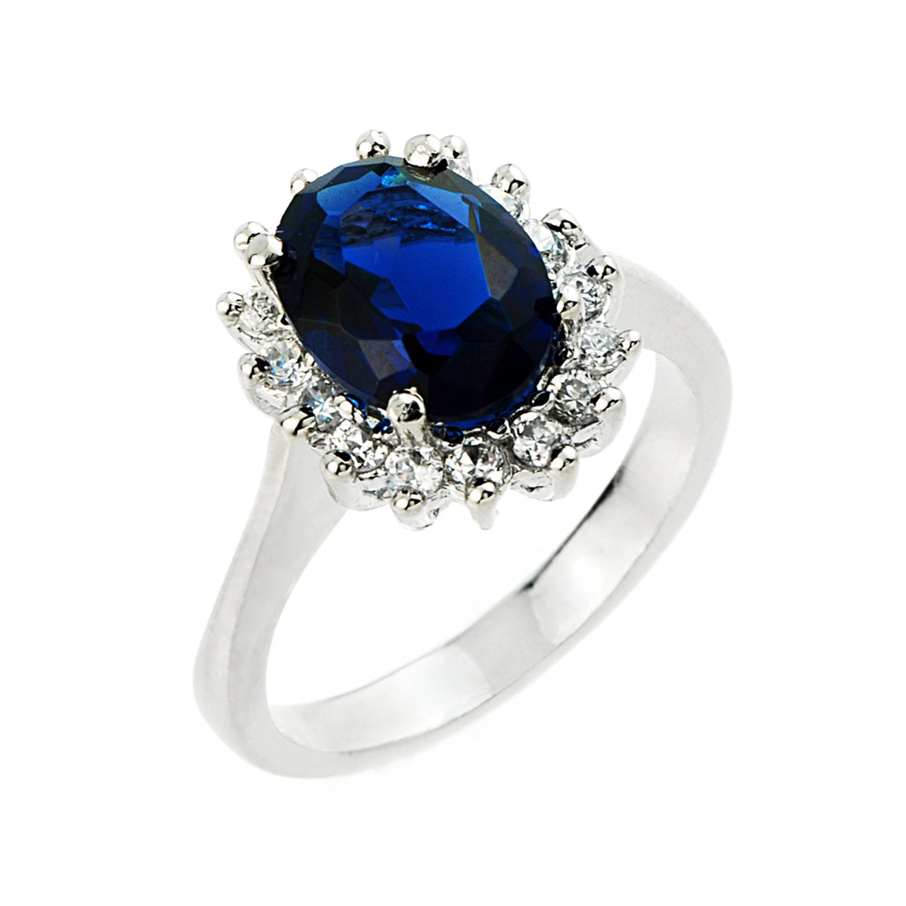 Sterling Silver Sapphire Birthstone Cubic Zirconia Halo Princess Diana Ring