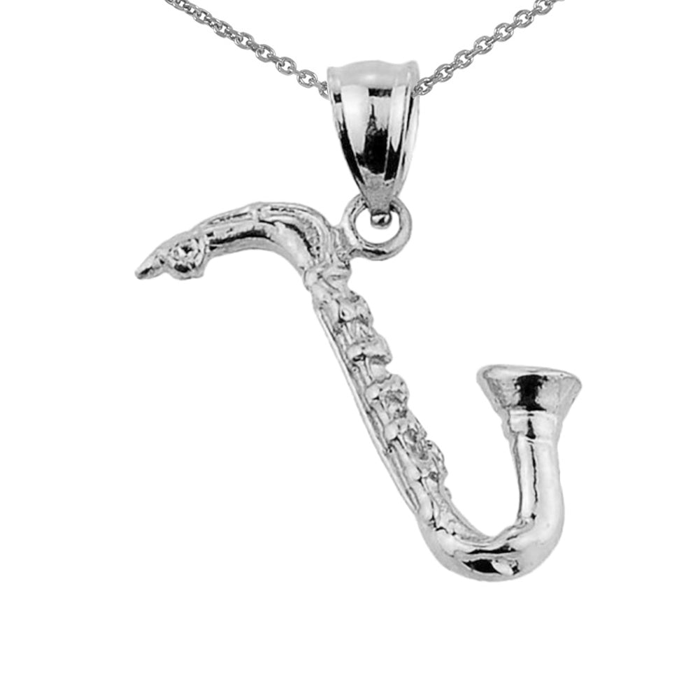 Sterling Silver Saxophone Pendant Necklace — Width: 0.01