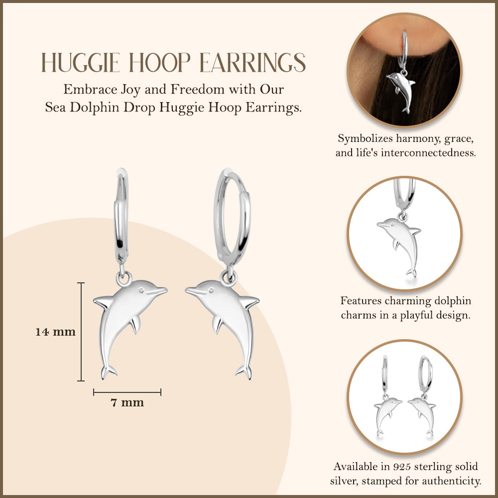 Sterling Silver Sea Dolphin Drop Huggie Hoop Earrings, view 3