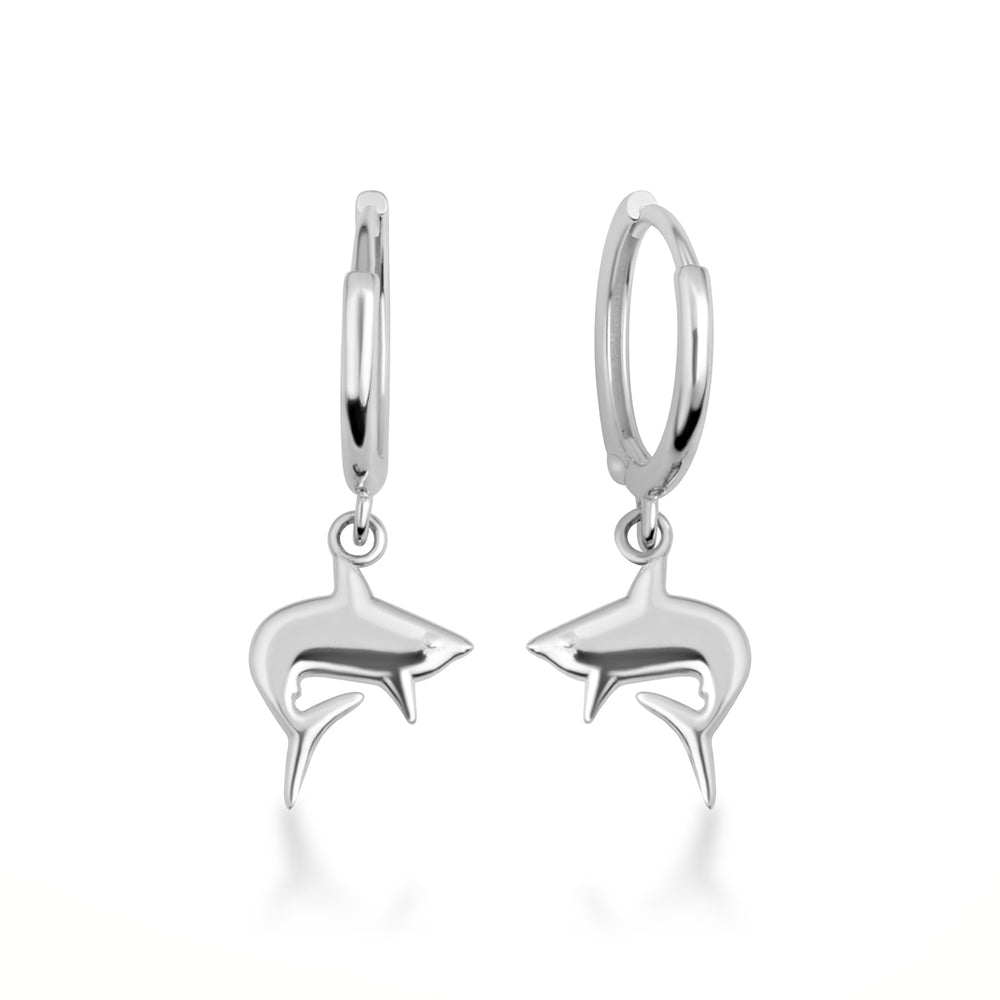Sterling Silver Sea Shark Drop Huggie Hoop Earrings