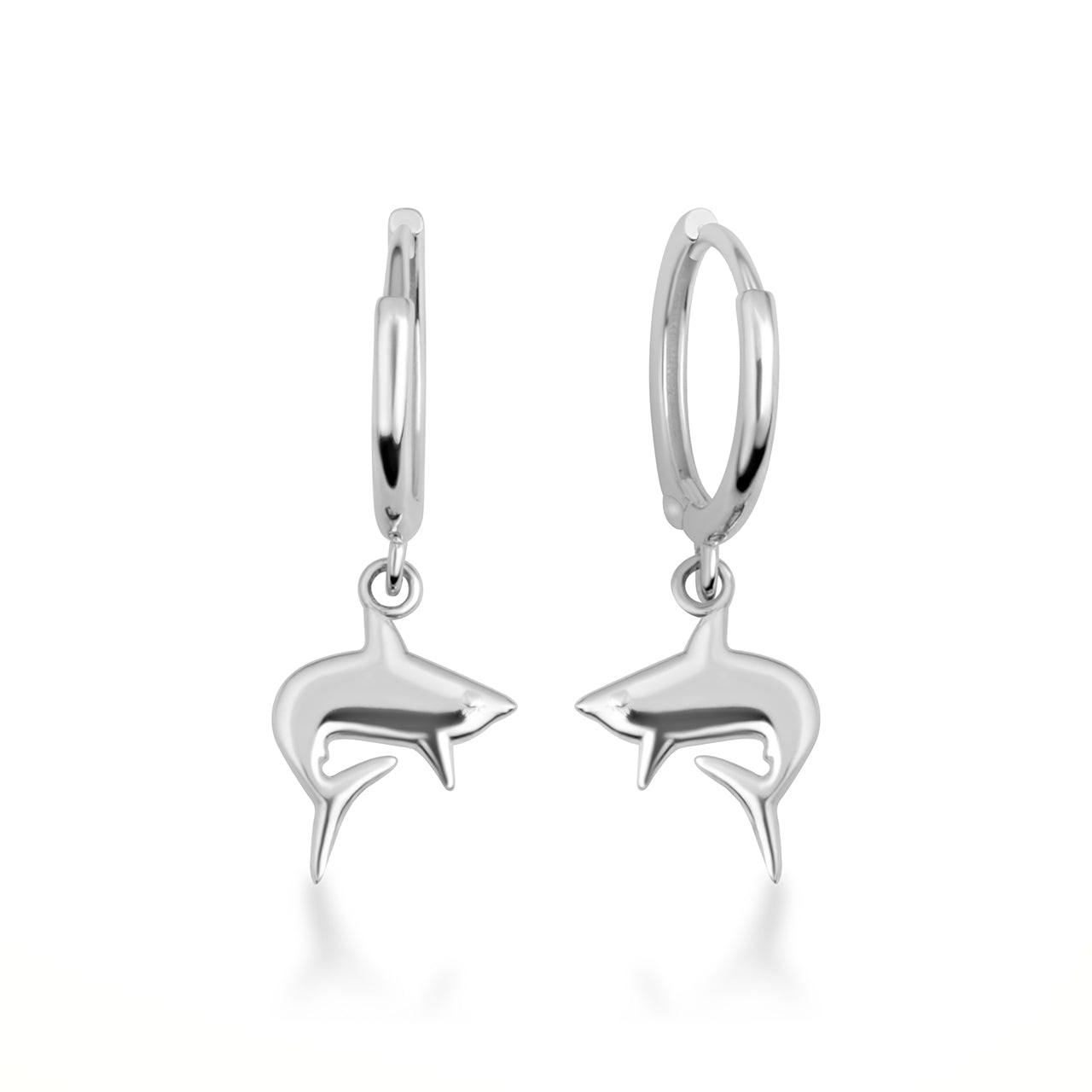 Sterling Silver Sea Shark Drop Huggie Hoop Earrings