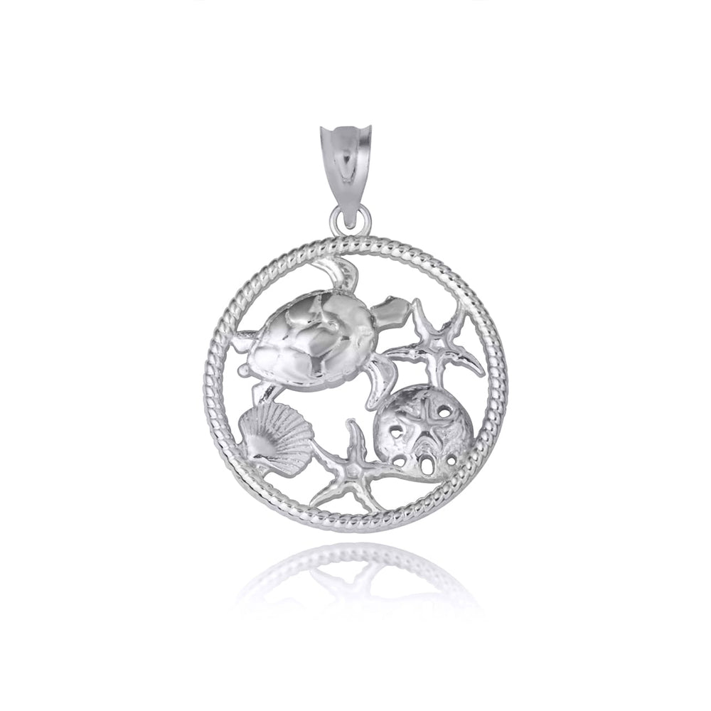 Sterling Silver Sea Shell Turtle & Starfish Marine Life Rope Pendant Necklace
