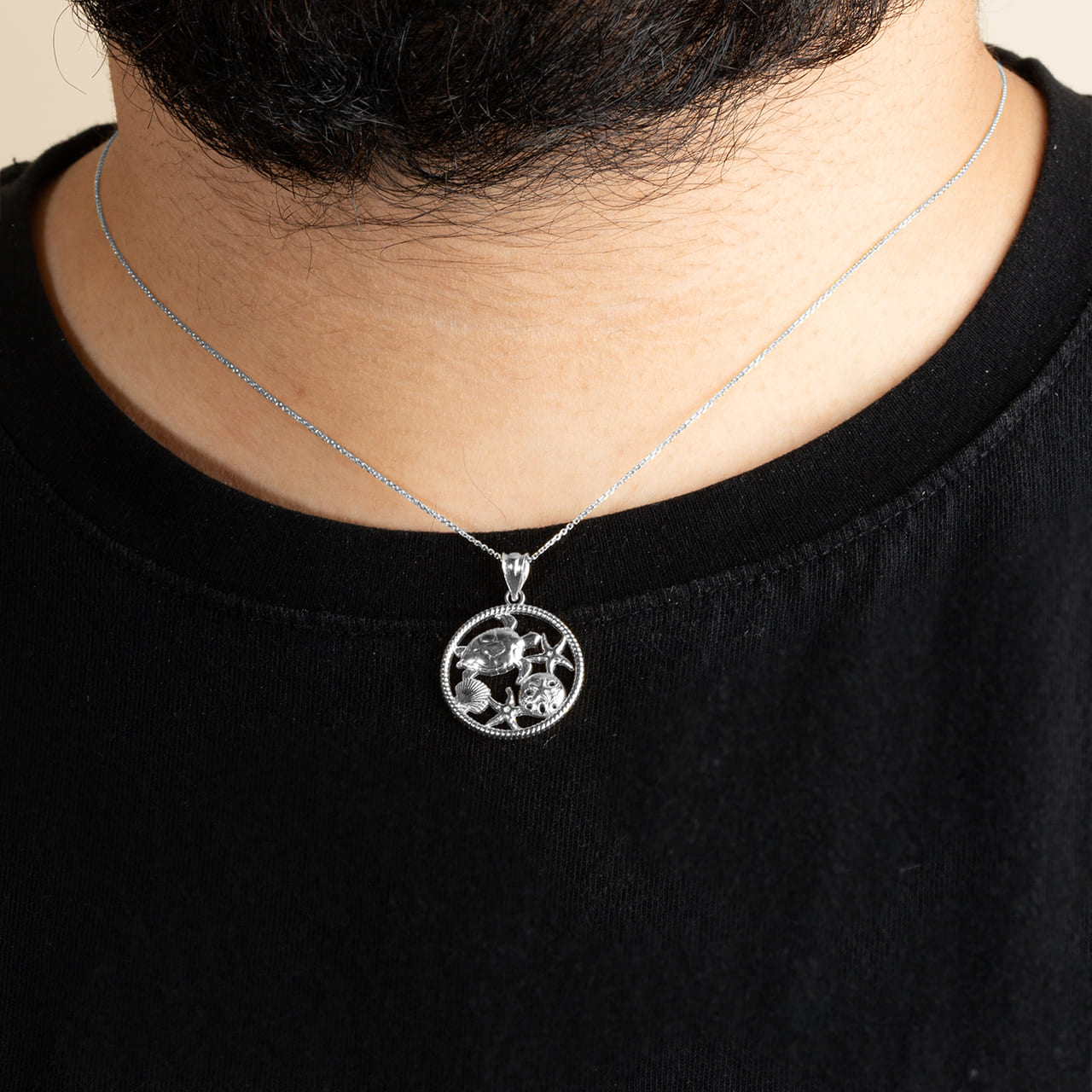 Sterling Silver Sea Shell Turtle & Starfish Marine Life Rope Pendant Necklace, view 2