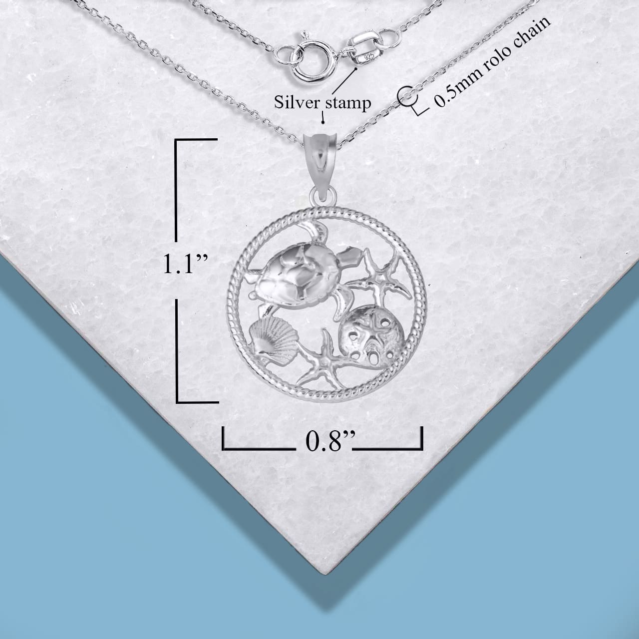 Sterling Silver Sea Shell Turtle & Starfish Marine Life Rope Pendant Necklace, view 4
