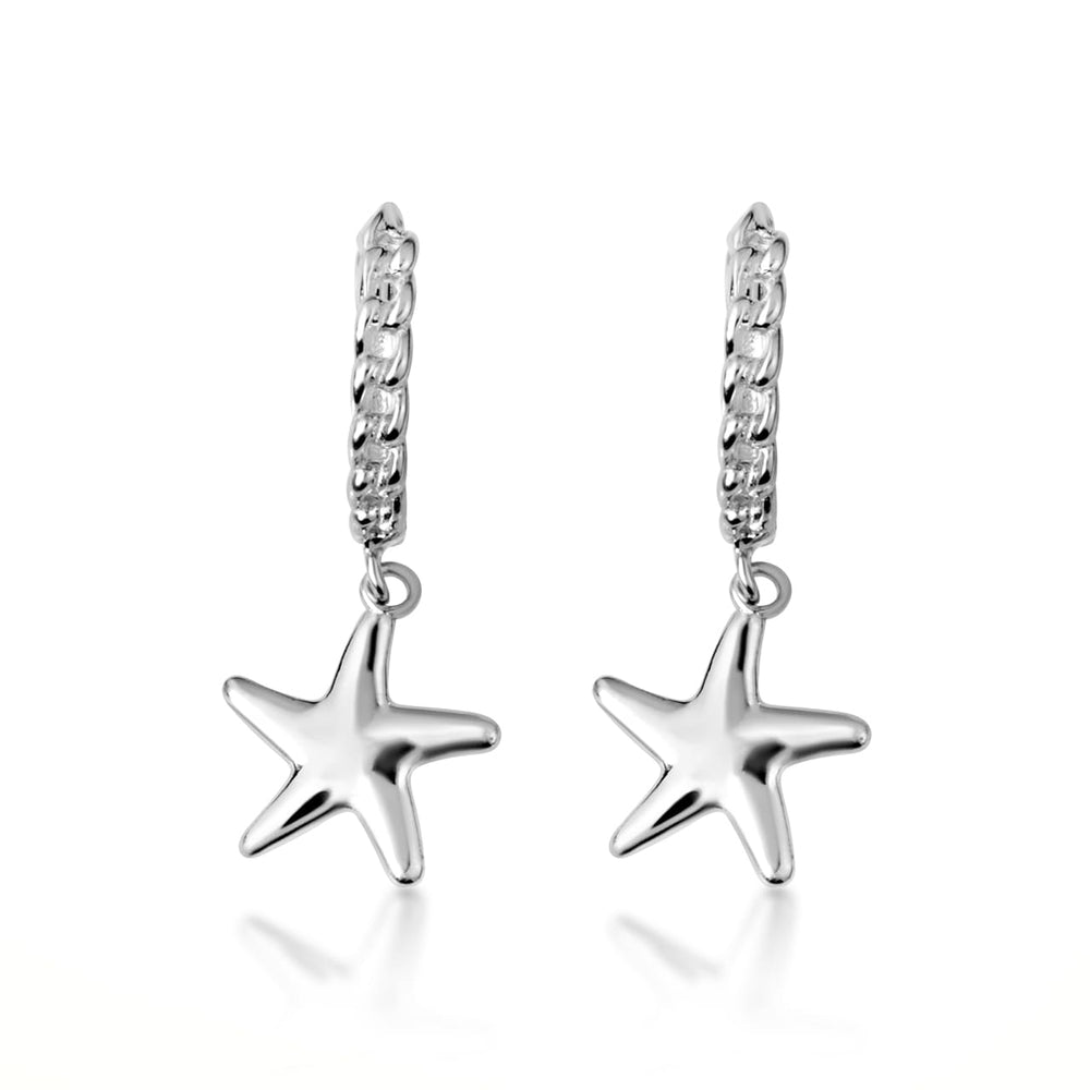 Sterling Silver Sea Starfish Ocean Cuban Link Huggie Hoop Earrings