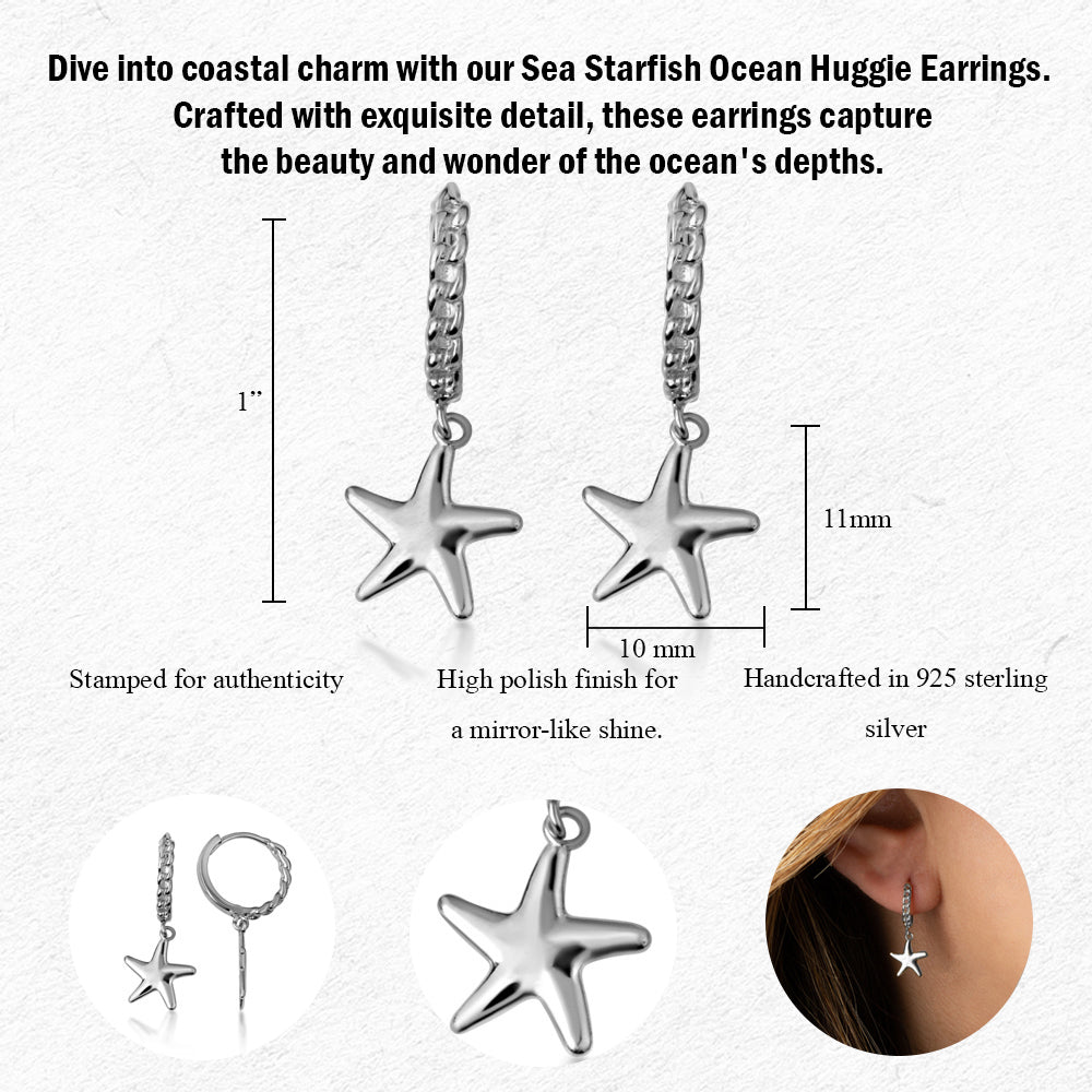 Sterling Silver Sea Starfish Ocean Cuban Link Huggie Hoop Earrings, view 3