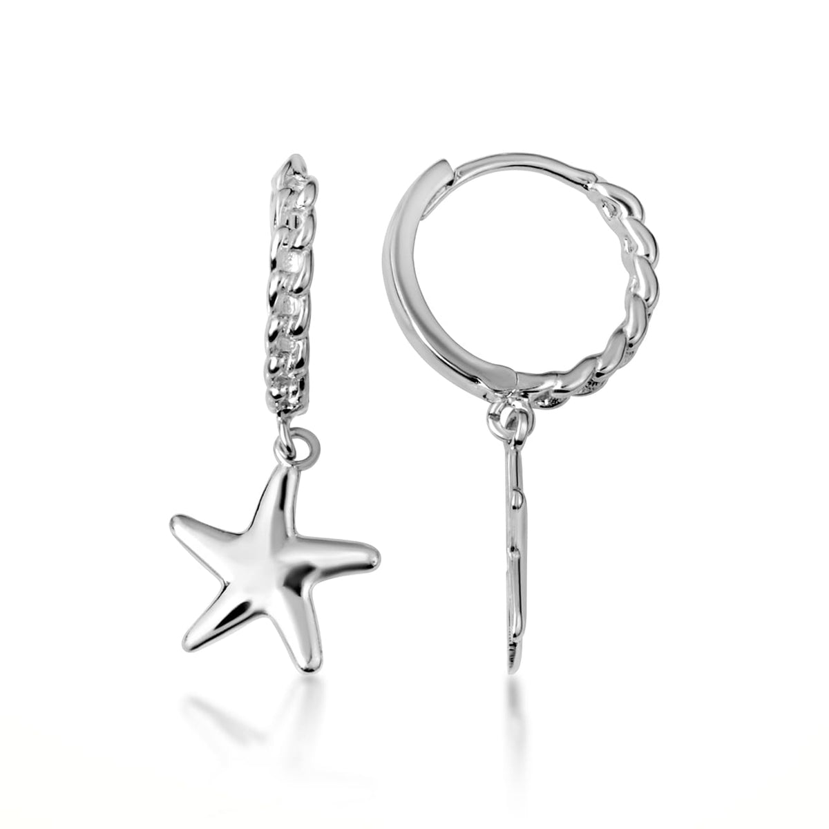 Sterling Silver Sea Starfish Ocean Cuban Link Huggie Hoop Earrings, view 4