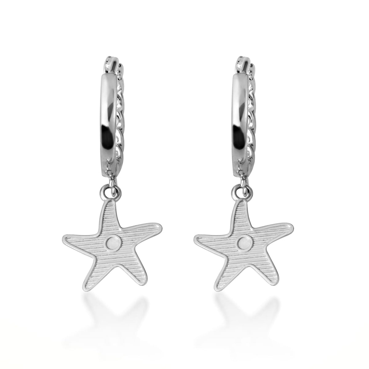 Sterling Silver Sea Starfish Ocean Cuban Link Huggie Hoop Earrings, view 5