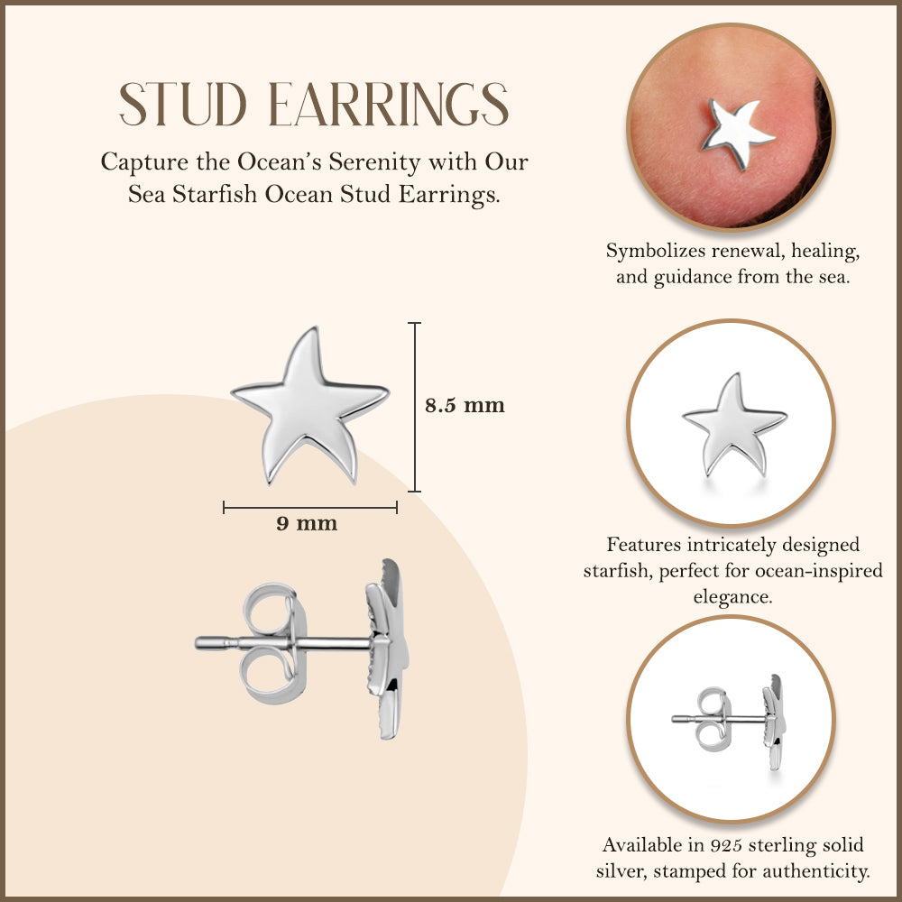 Sterling Silver Sea Starfish Ocean Stud Earrings, view 3