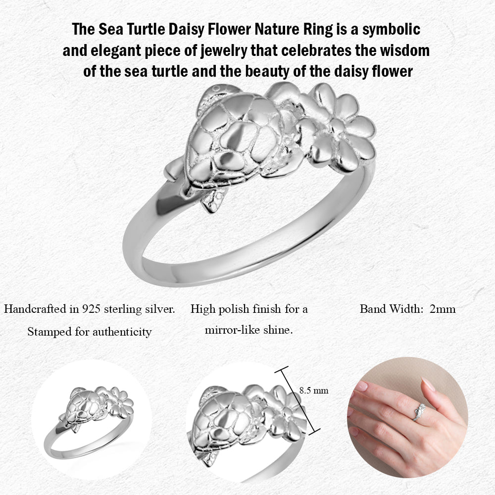 Sterling Silver Sea Turtle Daisy Flower Nature Ring, view 3