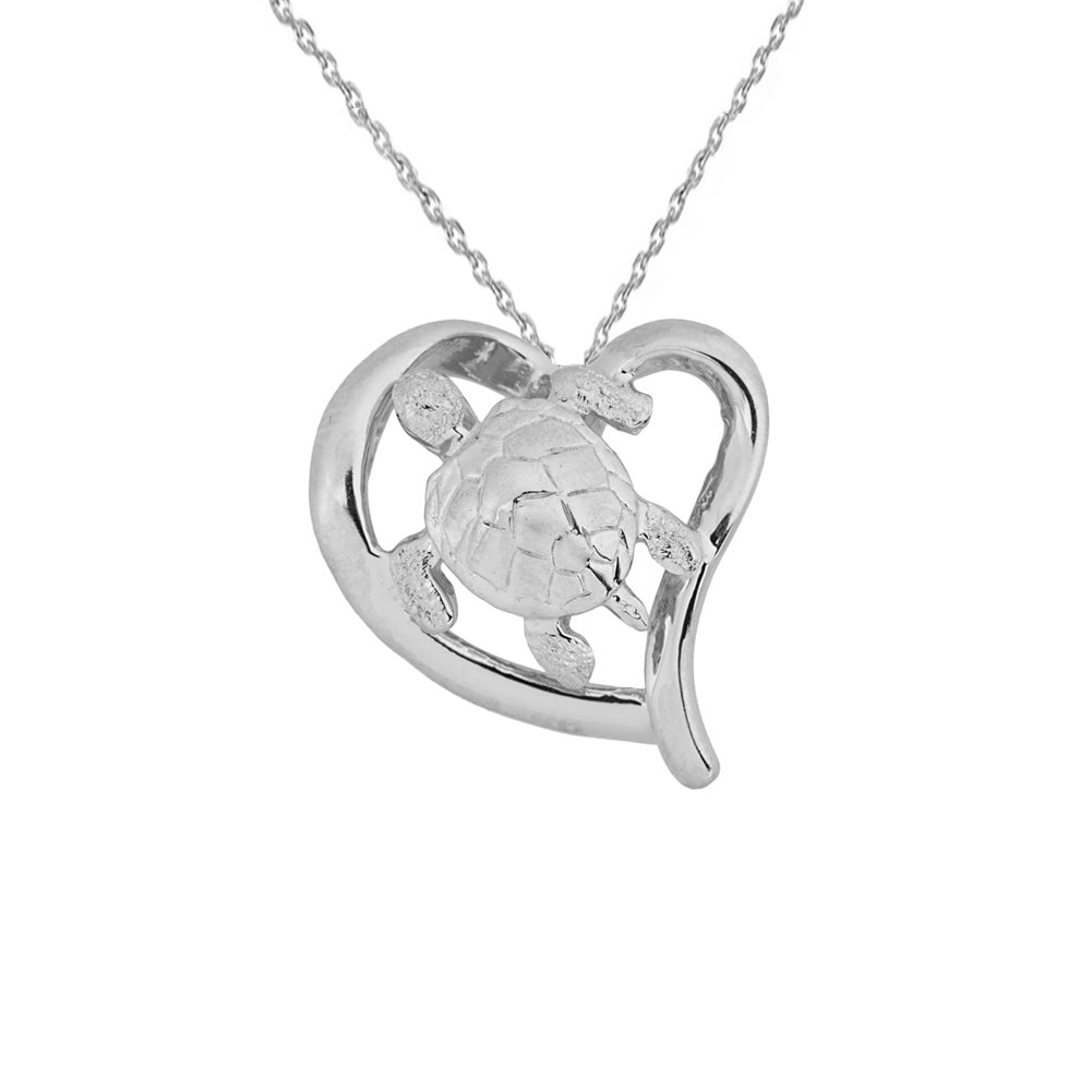 Sterling Silver Sea Turtle in Heart Cut Out Pendant Necklace with Hidden Bail