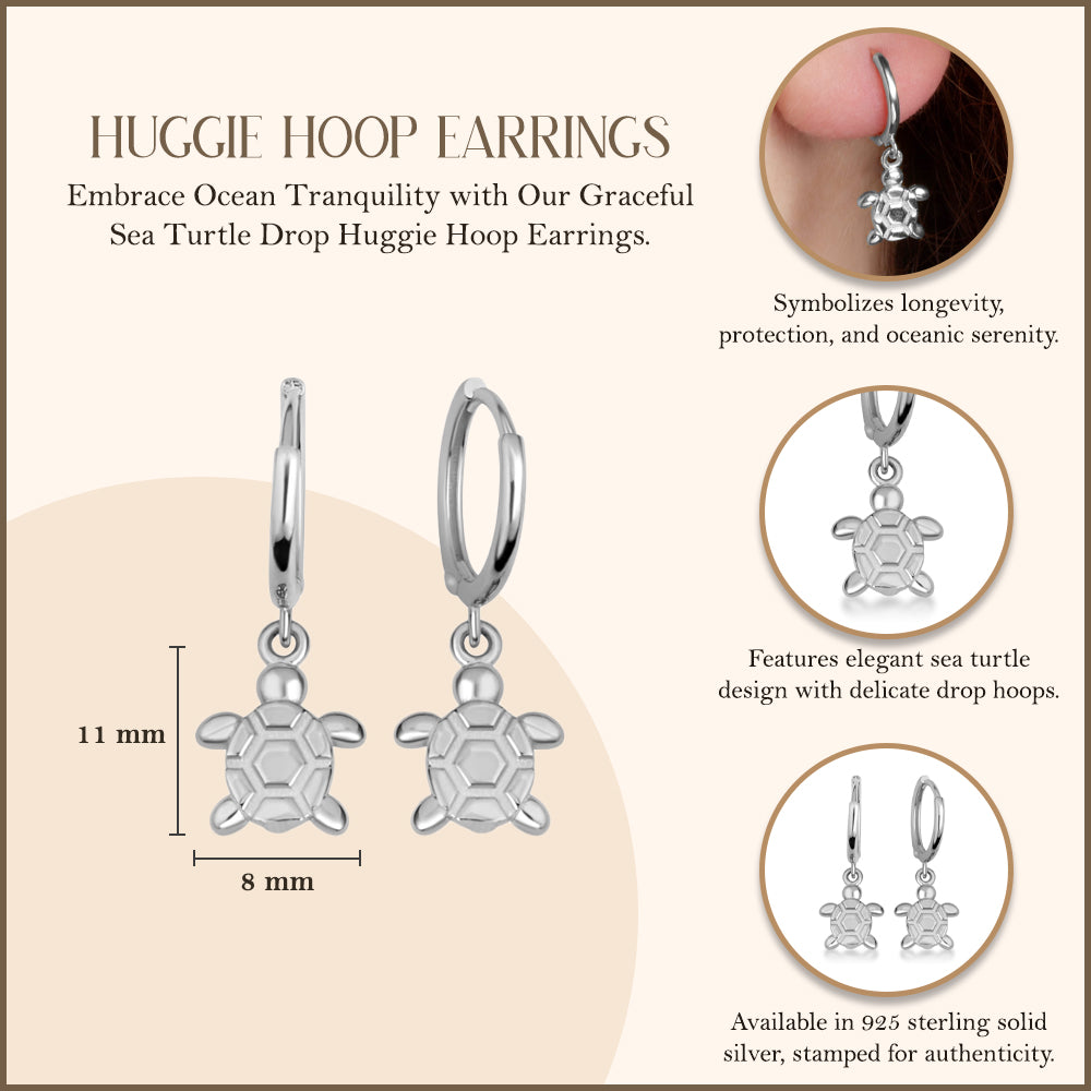 Sterling Silver Sea Turtle Ocean Drop Huggie Hoop Earrings, view 3