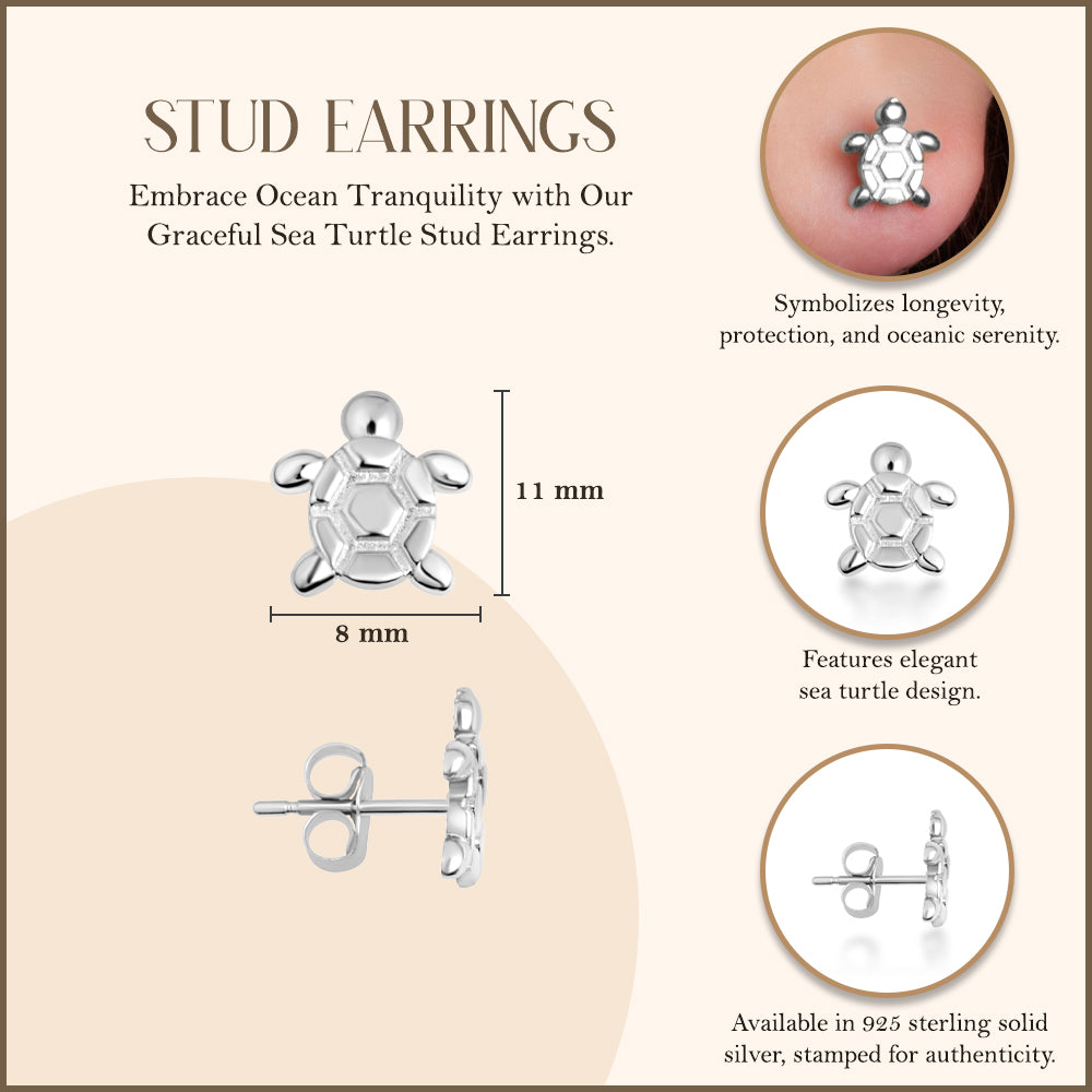 Sterling Silver Sea Turtle Ocean Stud Earrings, view 3