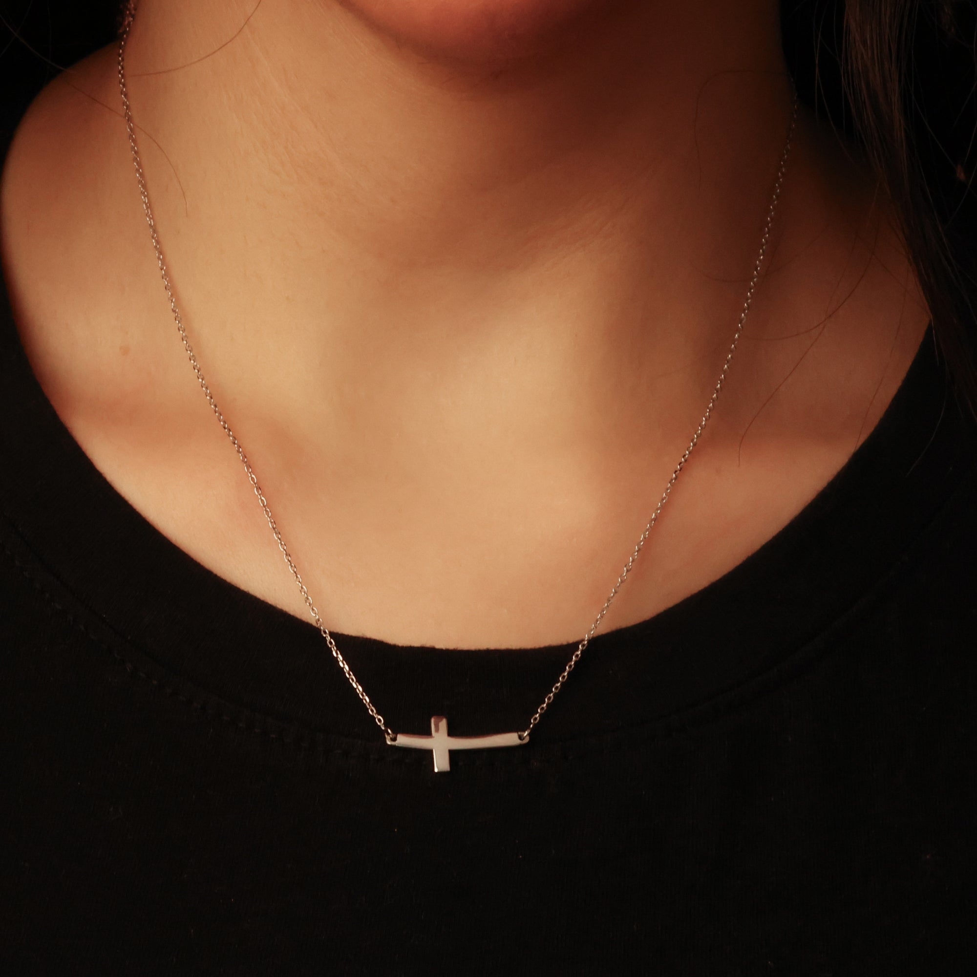Sterling Silver Sideways Cross Pendant Necklace, view 2
