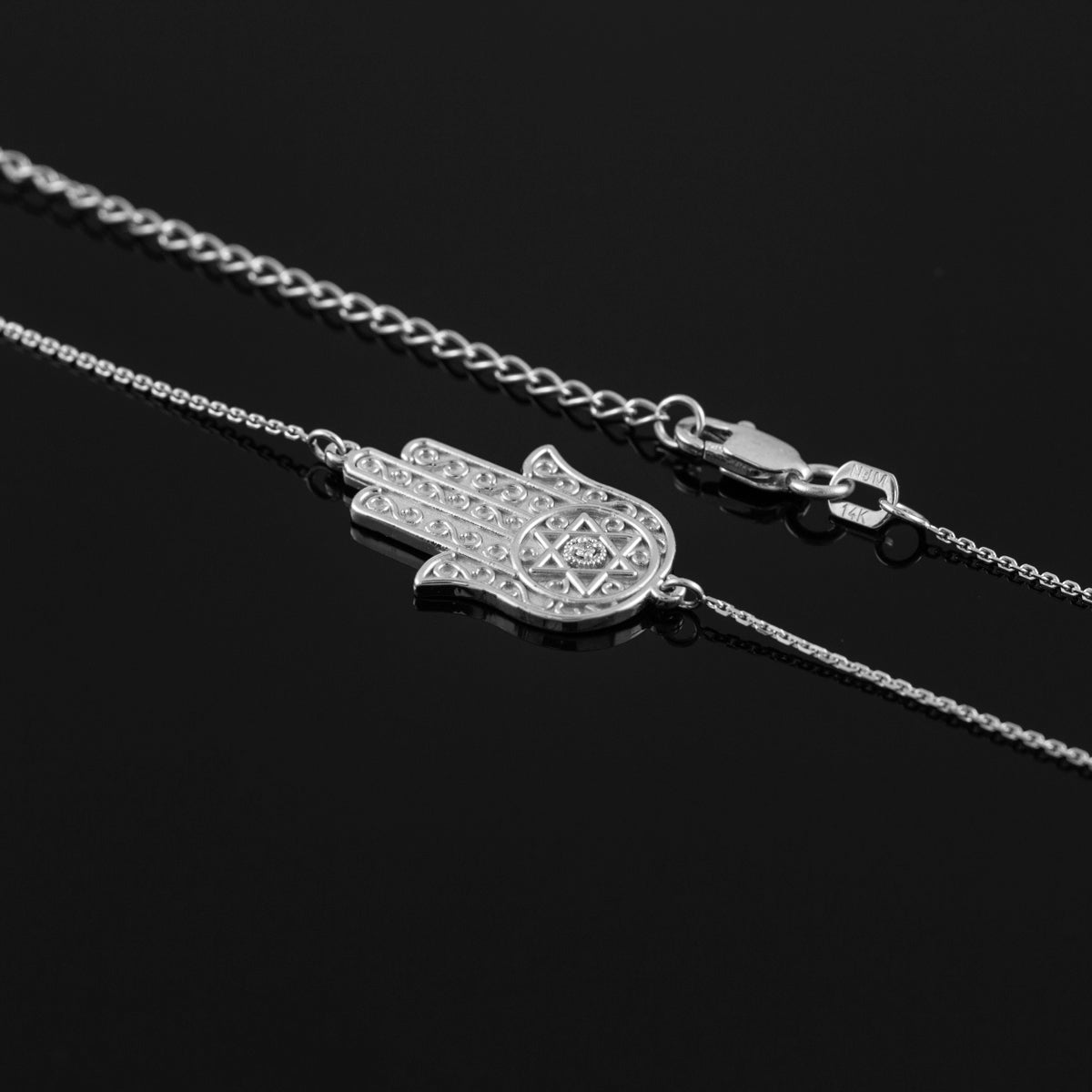 Sterling Silver Sideways Hamsa Hand CZ Necklace, view 2