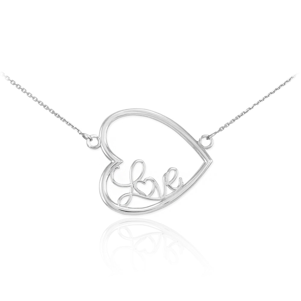 Sterling Silver Sideways Open Heart "Love" Script Necklace