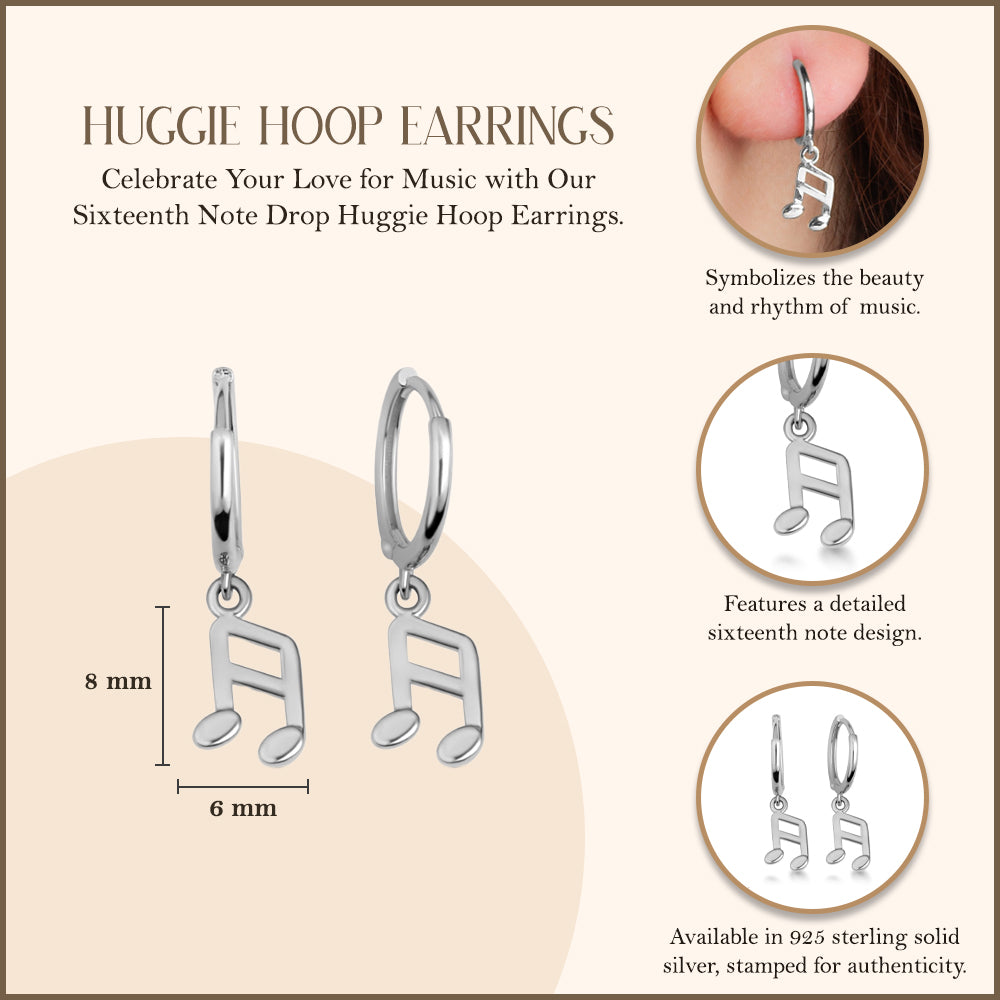 Sterling Silver Sixteenth Music Note Drop Huggie Hoop Earrings, view 3