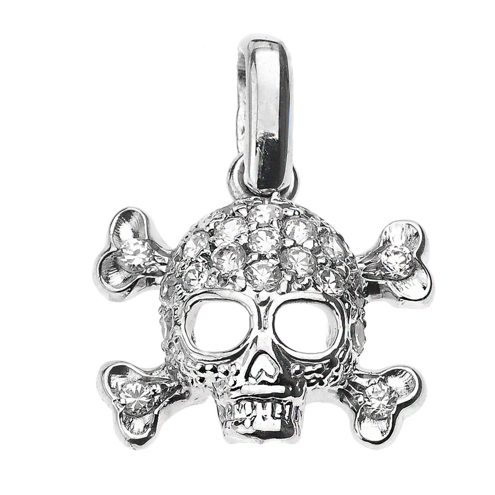 Sterling Silver Skull and Bones Pendant Necklace with White CZ, view 2