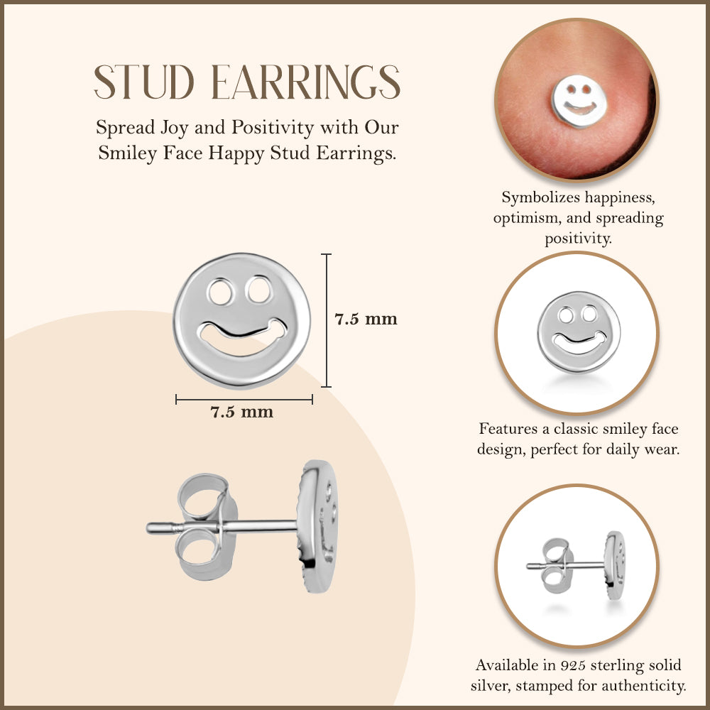 Sterling Silver Smiley Face Happy Stud Earrings, view 3