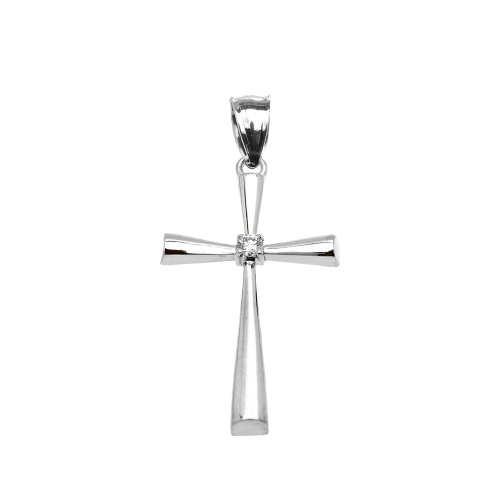 Sterling Silver Solitaire Diamond Cross Elegant Pendant Necklace