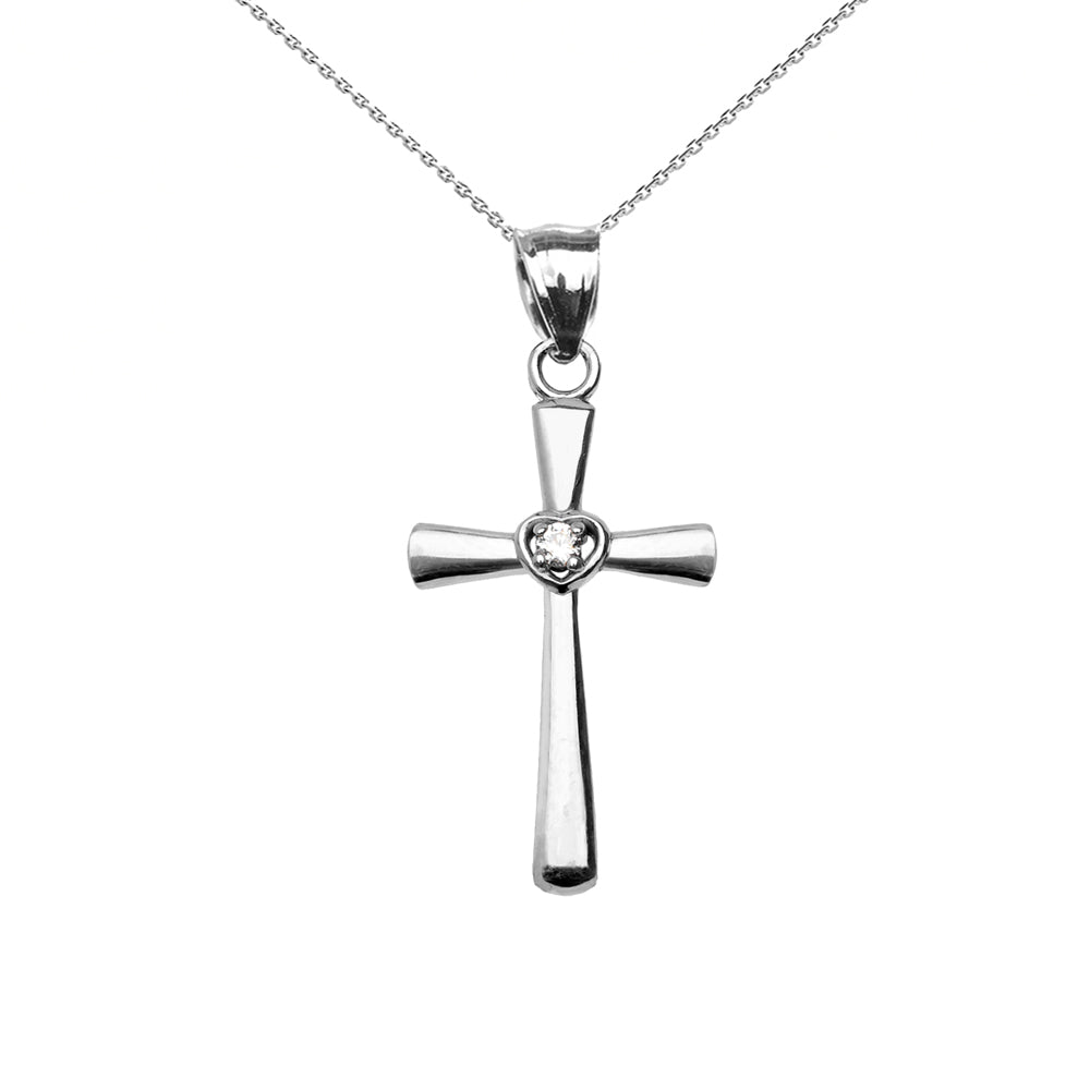 Sterling Silver Solitaire Diamond Heart Cross Pendant Necklace