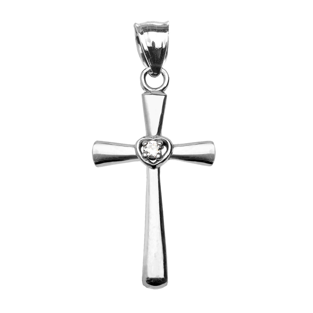 Sterling Silver Solitaire Diamond Heart Cross Pendant Necklace, view 2