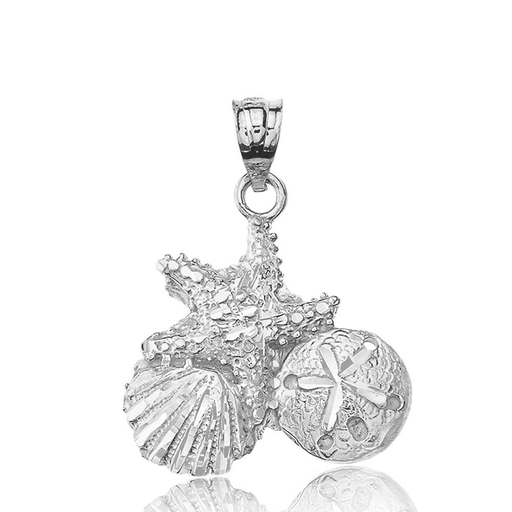 Sterling Silver Sparkle Cut Starfish Clam and Sand Dollar Pendant Necklace, view 2