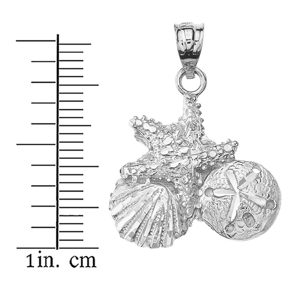 Sterling Silver Sparkle Cut Starfish Clam and Sand Dollar Pendant Necklace, view 3