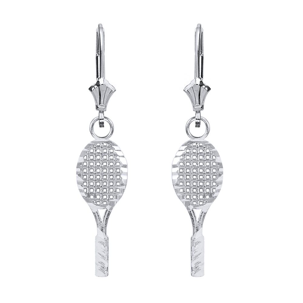 Sterling Silver Sparkle Cut Tennis Racket Dangle Drop Lever Back Earring Set