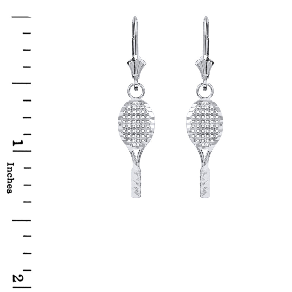 Sterling Silver Sparkle Cut Tennis Racket Dangle Drop Lever Back Earring Set, view 2