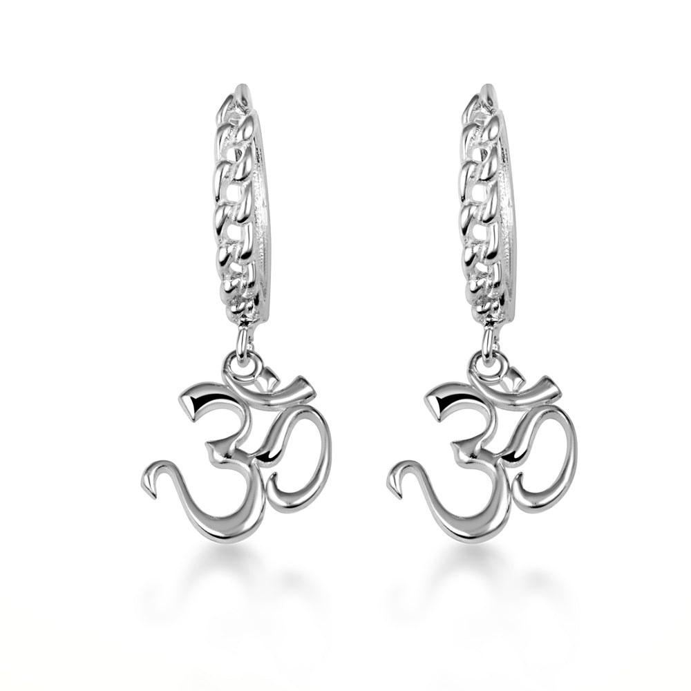 Sterling Silver Spiritual Om Symbol Hindu Cuban Link Huggie Hoop Earrings