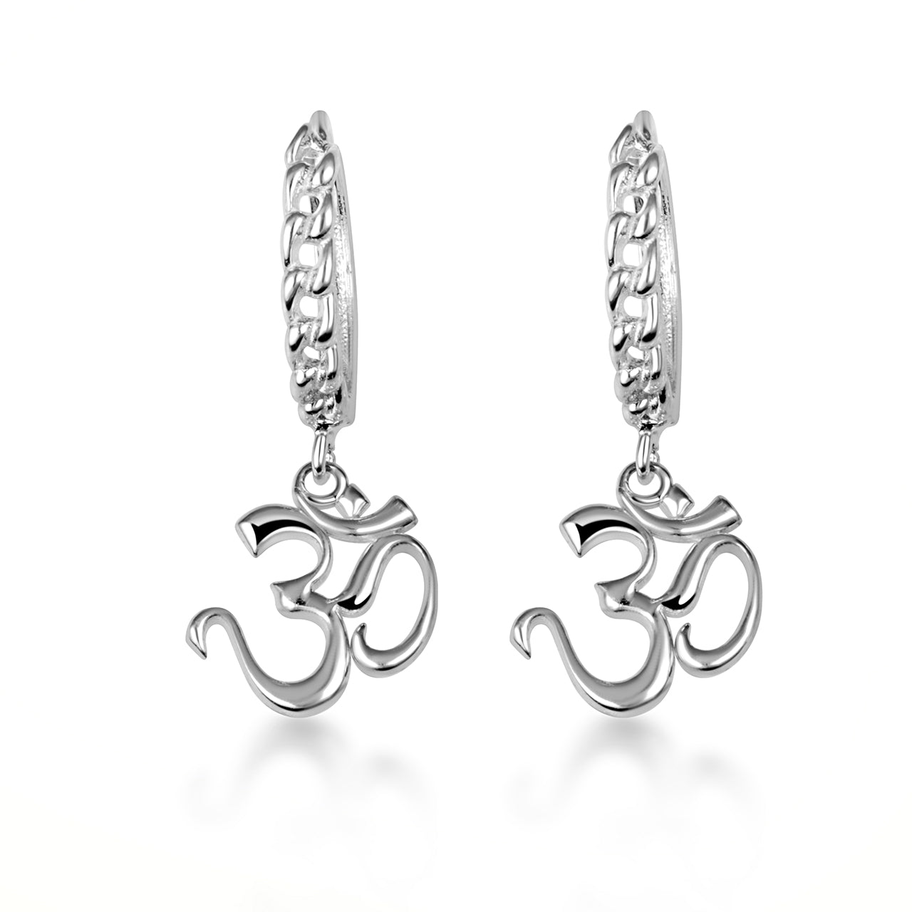 Sterling Silver Spiritual Om Symbol Hindu Cuban Link Huggie Hoop Earrings