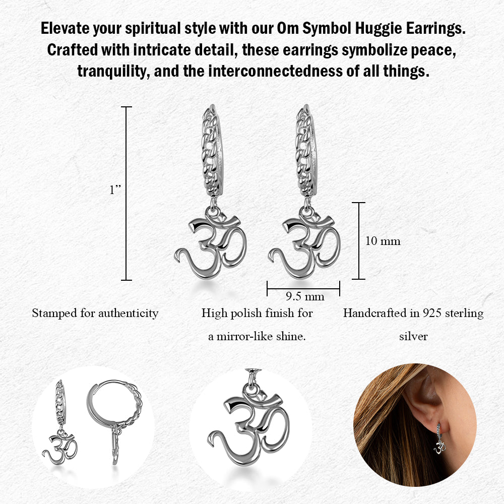 Sterling Silver Spiritual Om Symbol Hindu Cuban Link Huggie Hoop Earrings, view 3