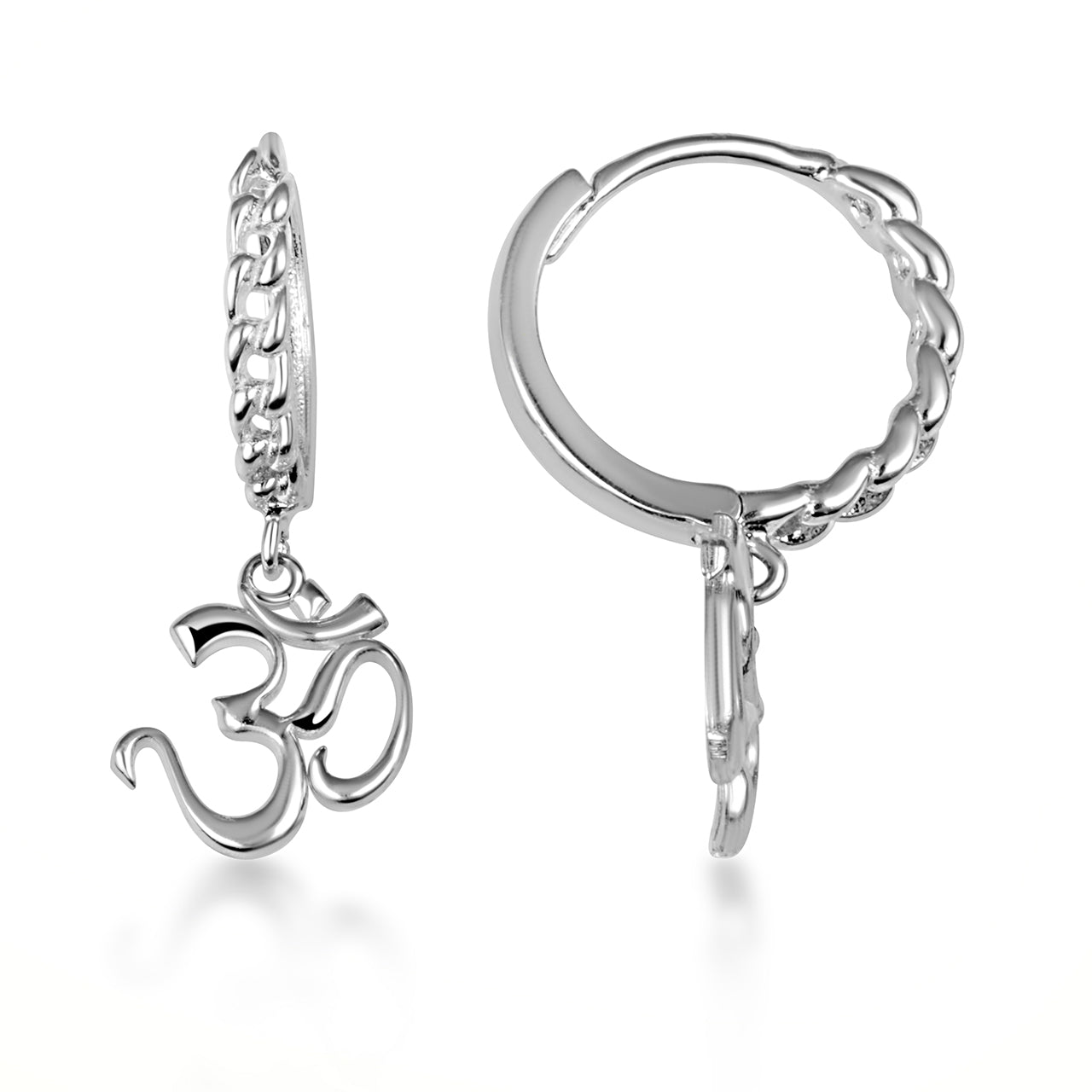Sterling Silver Spiritual Om Symbol Hindu Cuban Link Huggie Hoop Earrings, view 5