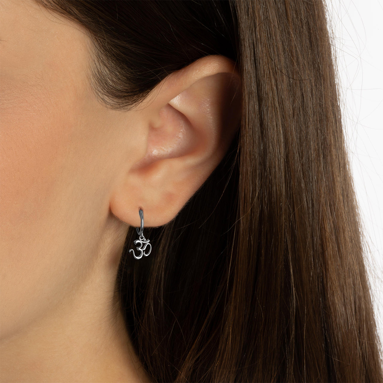 Sterling Silver Spiritual Om Symbol Hindu Drop Huggie Hoop Earrings, view 2