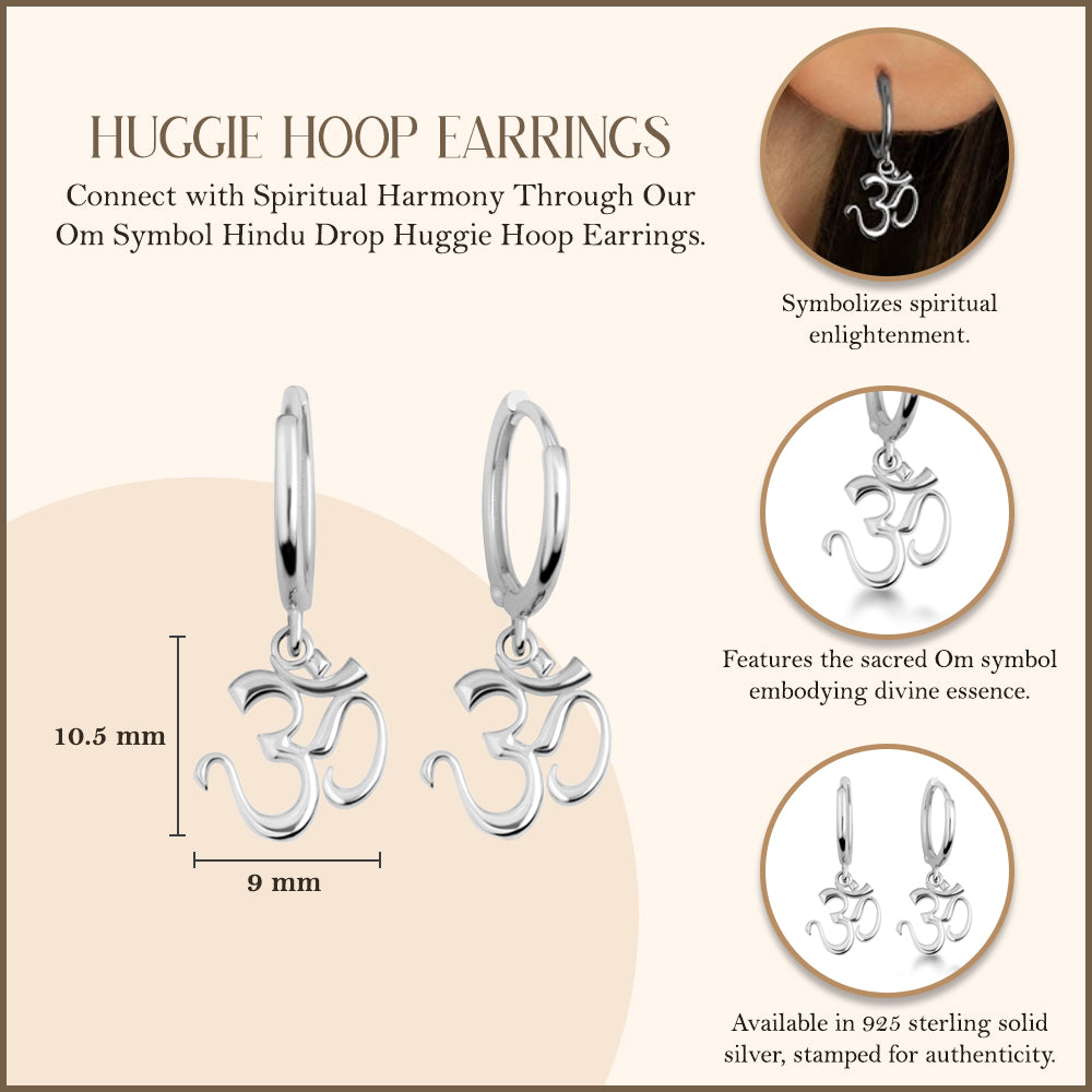 Sterling Silver Spiritual Om Symbol Hindu Drop Huggie Hoop Earrings, view 3