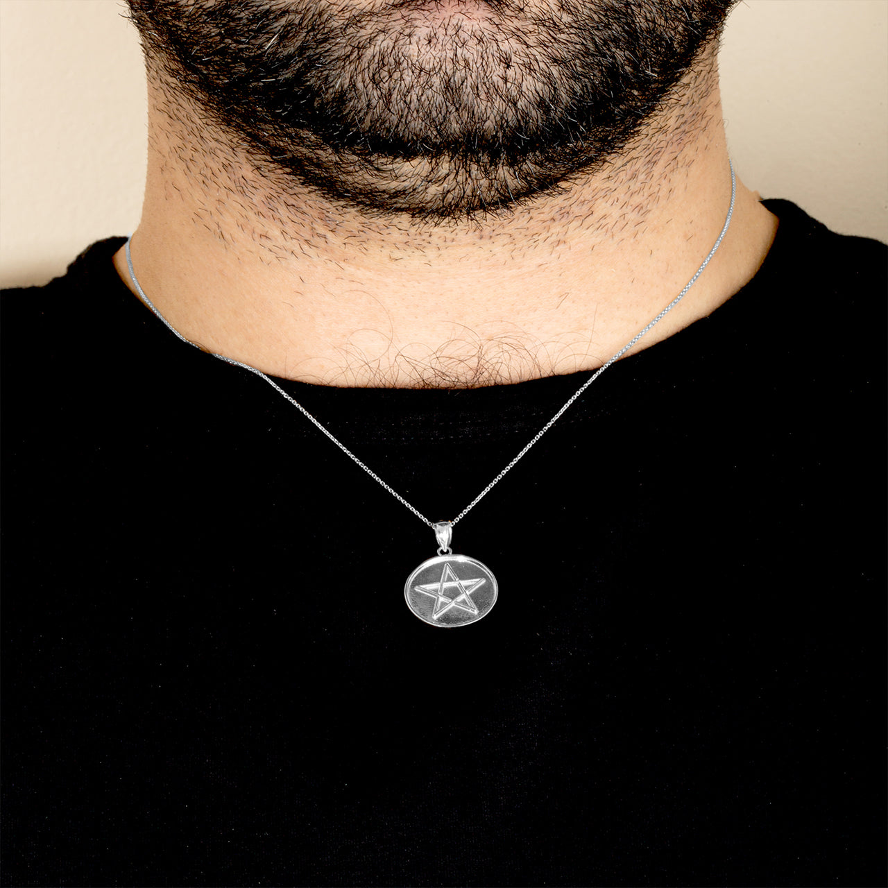 Sterling Silver Spiritual Wiccan Pentagram 5 Point Star Medallion Pendant Necklace, view 2