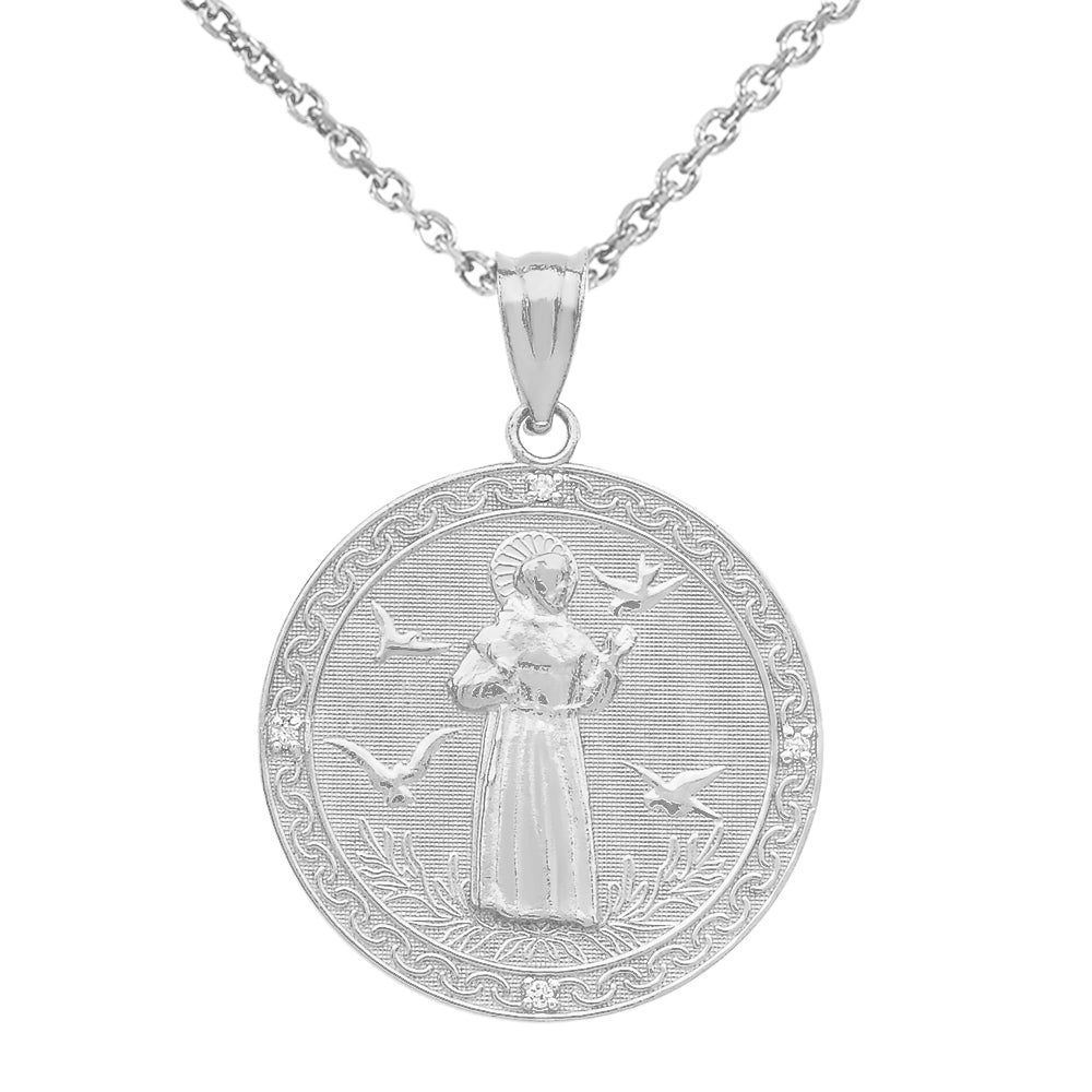 Sterling Silver St. Francis of Assisi Circle Engravable Medallion CZ Stone Pendant Necklace (Medium)