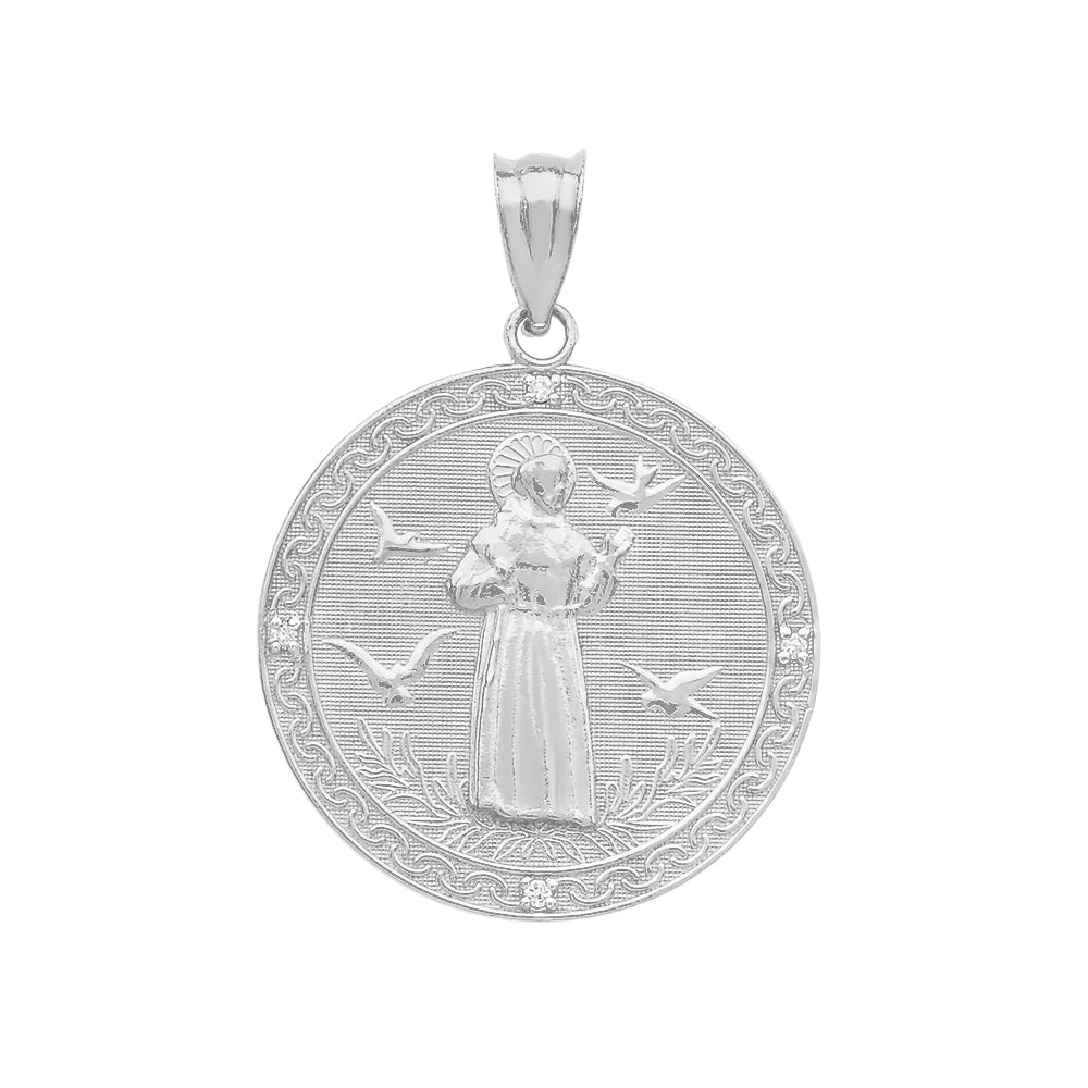 Sterling Silver St. Francis of Assisi Circle Engravable Medallion CZ Stone Pendant Necklace (Medium), view 2