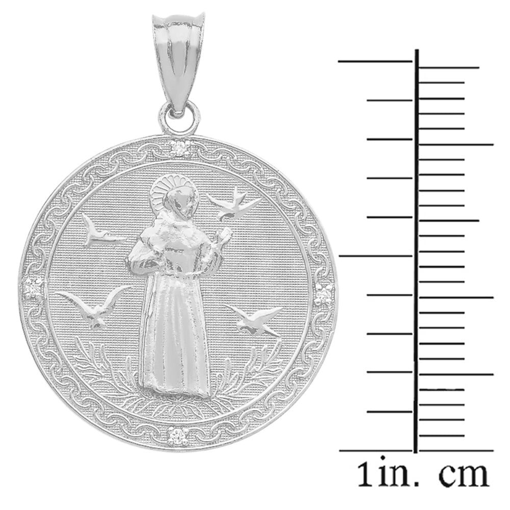 Sterling Silver St. Francis of Assisi Circle Engravable Medallion CZ Stone Pendant Necklace (Medium), view 3