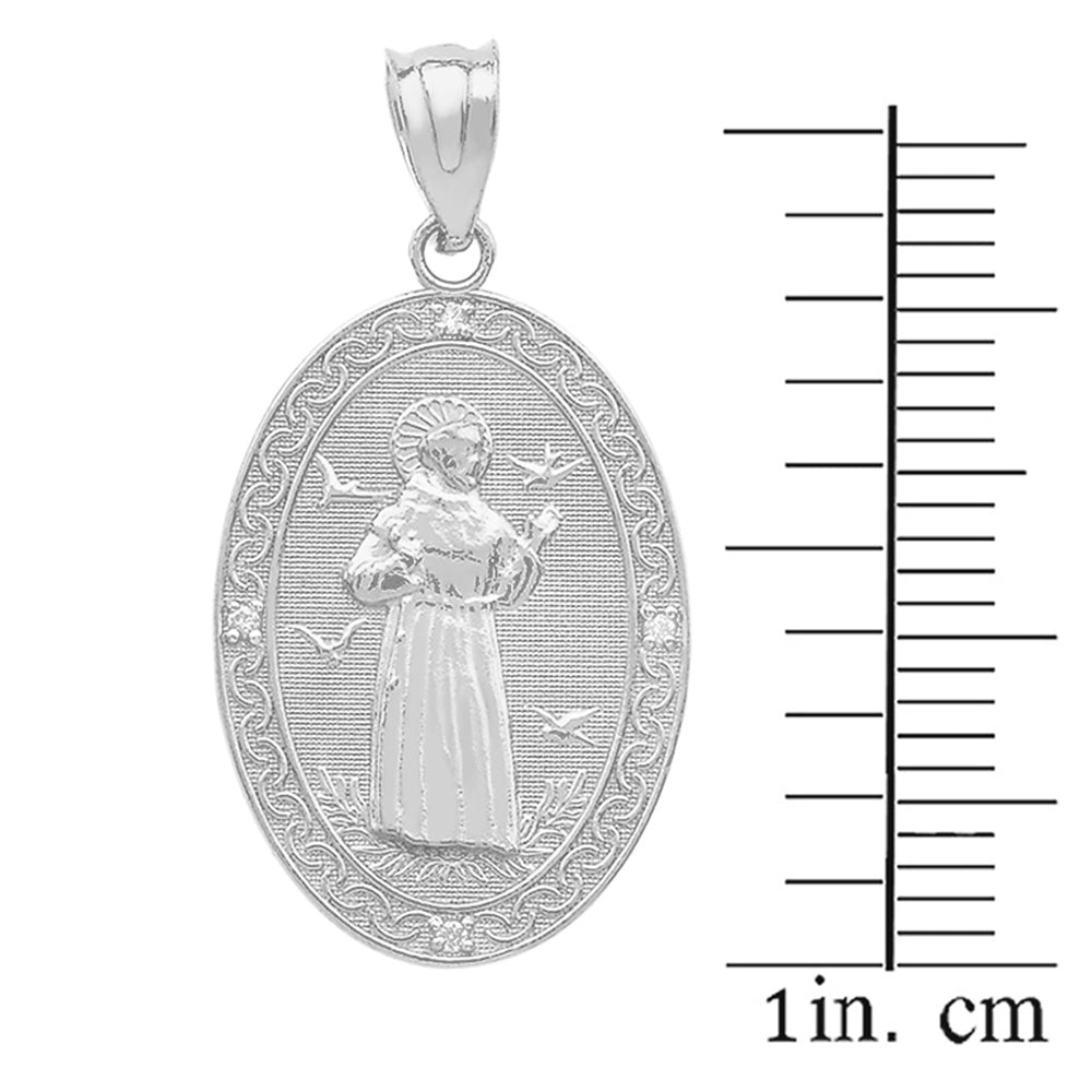Sterling Silver St.Francis of Assisi Oval Engravable Medallion CZ Stone Pendant Necklace (Medium), view 3