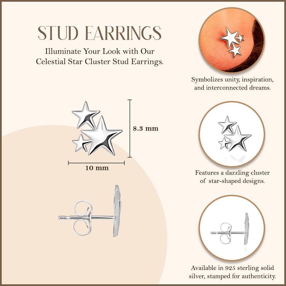 Sterling Silver Star Cluster Stud Earrings, view 3