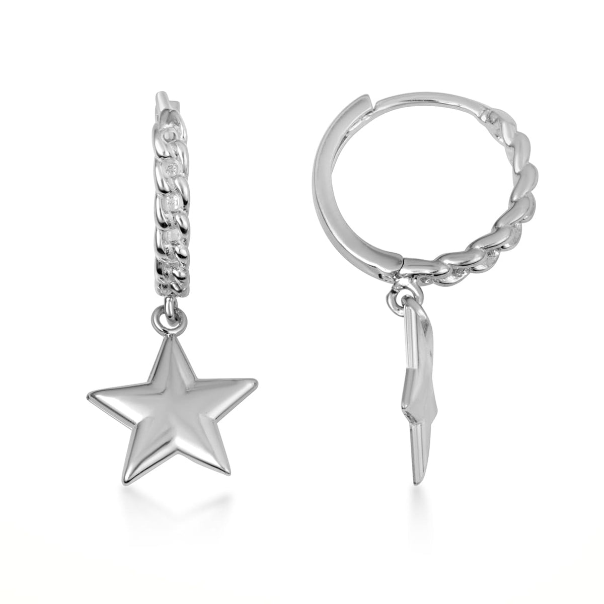 Sterling Silver Star Cuban Link Huggie Hoop Earrings, view 4